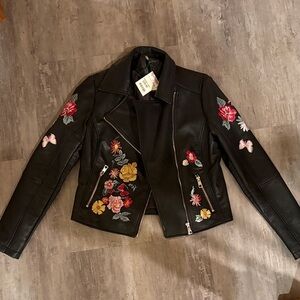 Romeo & Juliet Couture Black Floral Embroidered Leather Jacket